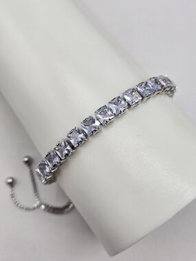 Swarovski Crystal Elements Silver Tennis Bracelet Emerald Cut Clear Prom Bridal